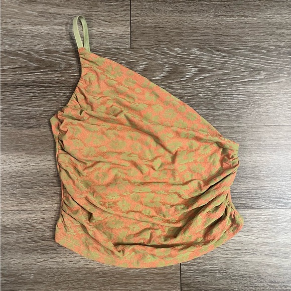 Zara Floral Print Asymmetrical Ruched Jacquard Top Size Medium - Picture 2 of 4